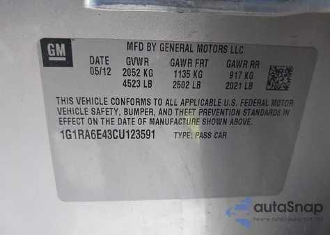 2012 Chevrolet Volt z USA, uszkodzony, nr VIN 1G1RA6E43CU123591